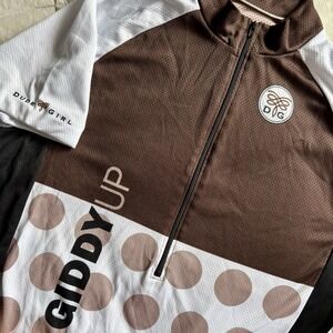 Dude Girl Giddy Up Cycling Jersey Womens L Brown Polka Dot Half Zip USA Athletic